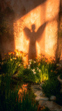 Shadow of an angel cast on a wall behind flowers in a garden. Spiritual concept of divine presence and hope. Beautiful religious symbolism for faith, peace, and meditation themes.