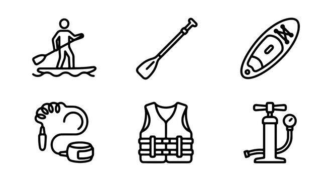 Stand Up Paddleboard Icons Set: SUP, Paddle, Board, Leash, Vest, Pump, Water Sports Equipment