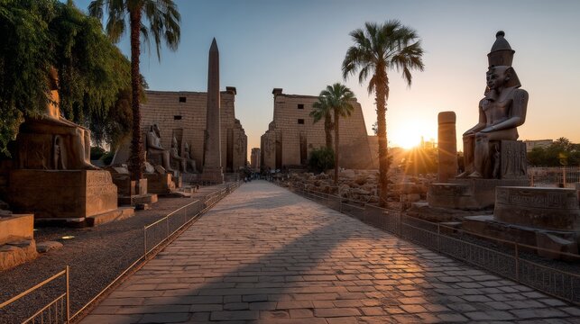 As the sun sets over the Nile, the Luxor Temple casts long shadows across the sacred avenue, while the statues of pharaohs and gods watch over the land, holding time still in their stone forms.