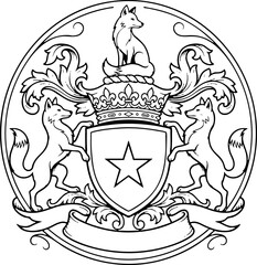 Obraz premium Vintage Heraldic Crest with Foxes and Star Illustration