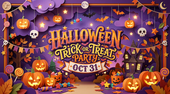 Halloween trick or treat party decorative background with pumpkins, halloween