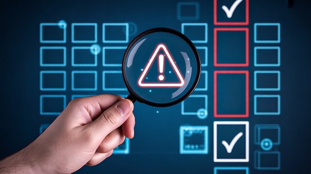 Business compliance checklist with warning symbol for risk management and quality control
