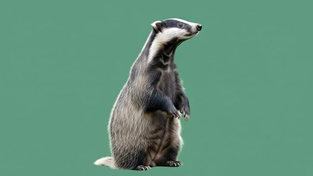 A solitary european badger standing upright against a solid green background