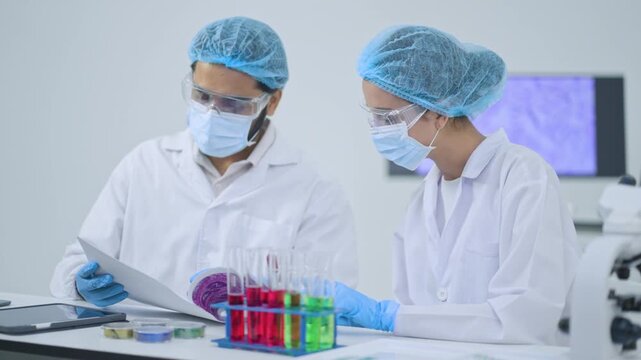 Scientists wearing protective helmets and masks are reading printed experimental results on a laboratory table with red and green test tubes, while discussing the research data in the lab.