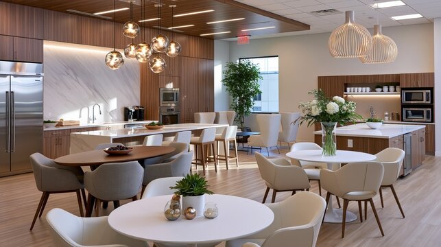 Modern office break room with minimalist design and natural light during daytime