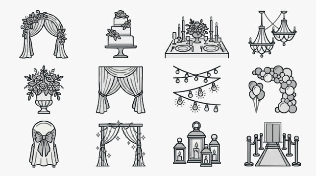 Corporate Event Decor Icons Elegant Black and White Illustrations of Wedding and Party Elements for Presentations