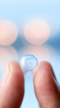 Asthma inhaler spacer clear plastic chamber macro close up hand holding medical device bright daylight soft bokeh empty background