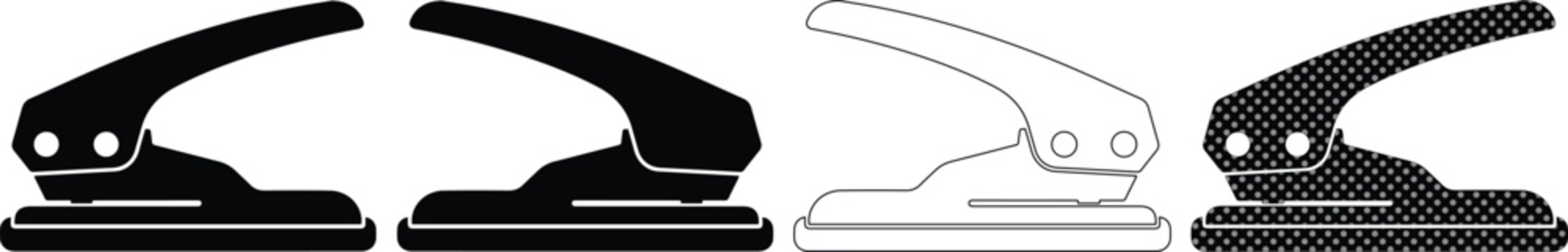 Professional hole puncher vector set, office paper punch tool icons, stationery equipment for document binding and organization, 4 black and white silhouettes