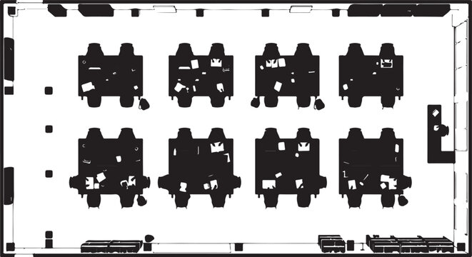 Top view floor plan of a modern office layout with desks and chairs in black silhouette vector