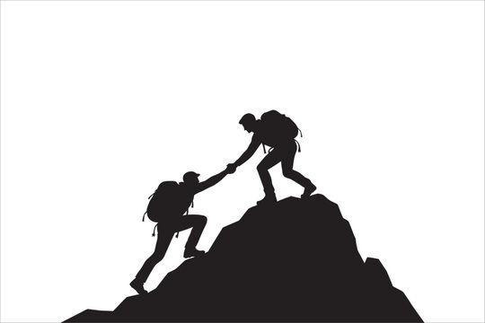 Silhouette of hikers helping each other climb a mountain, symbolizing teamwork, support, leadership, trust, partnership, achievement, and outdoor adventure. Vector illustration.