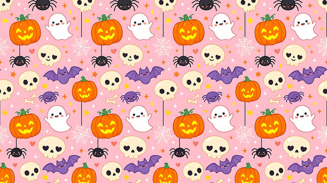 Cute kawaii halloween pattern with pumpkins ghosts and spiders, halloween