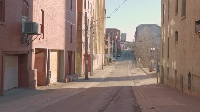 Sunny spring morning streets in historic Jamestown, New York