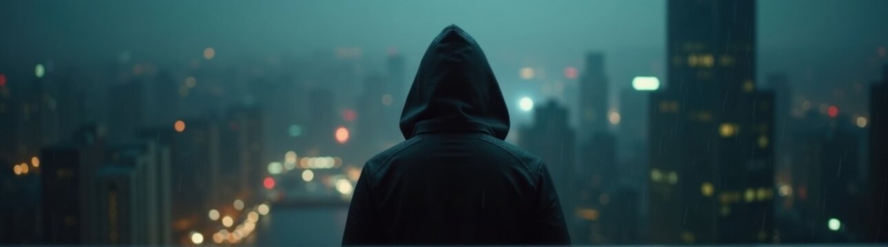 Man in a hoodie looking out over a city at night