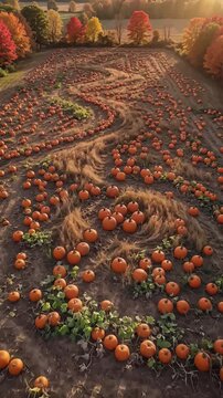 Aerial View of Pumpkin Patch and Autumn Trees at Sunset