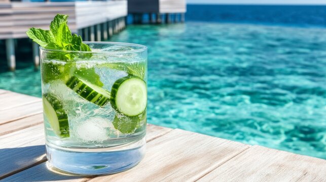 Refreshing Cucumber Mint Drink by Pool