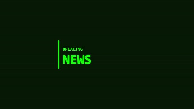 Digital breaking news announcement with green glowing text on dark scanline background for broadcast intro.