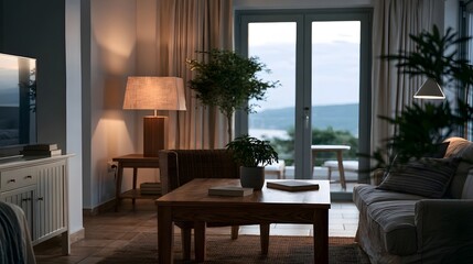 Fototapeta premium Cozy living room with wooden furniture indoor plants and a scenic outdoor view through glass doors