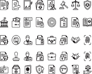 Fototapeta premium Set of outline law and justice vector icons for legal services, court, and contracts