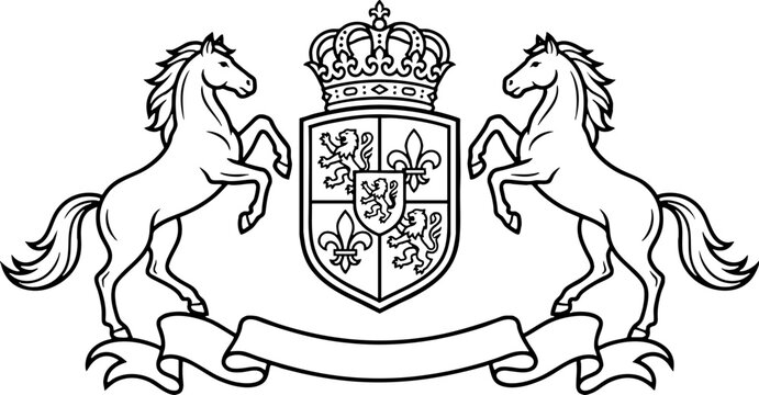 Heraldic Coat of Arms with Rearing Horses and Shield Line Art