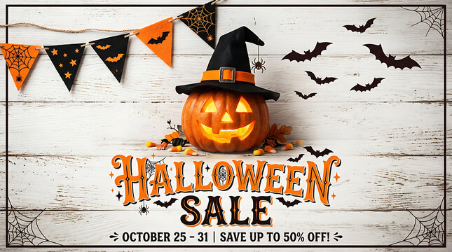 Halloween sale advertisement featuring carved pumpkin with witch hat and bats
