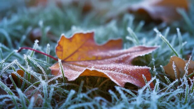Autumn leaf falling onto early winter frost
