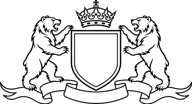 Heraldic Coat of Arms with Two Roaring Bears and a Royal Crown
