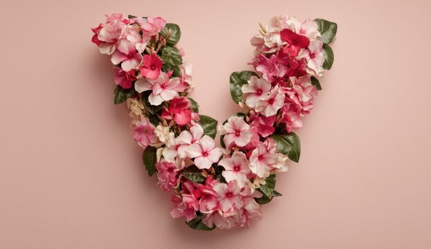 Letter v composed of dense arrangements of pink and red flowers with green foliage nature inspired alphabet botanical typography colorful romantic springtime artistic creative