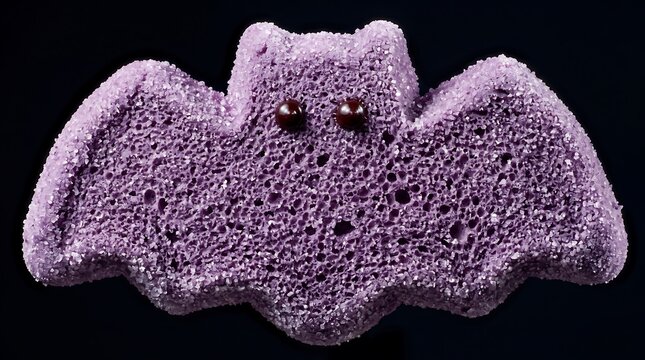 Purple marshmallow bat candy for Halloween, sugary violet peep confection with chocolate eyes, spooky holiday treat on black background