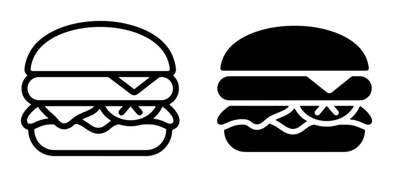 Hamburger Icons, Fast Food Vector Graphics, Simple Burger Illustrations, Outline and Solid Styles, Delicious Meal Symbols