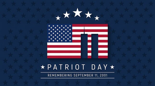 Patriot day remembrance september 11 2001 american flag and twin towers abstract graphic design navy blue background with stars patriotic concept.
