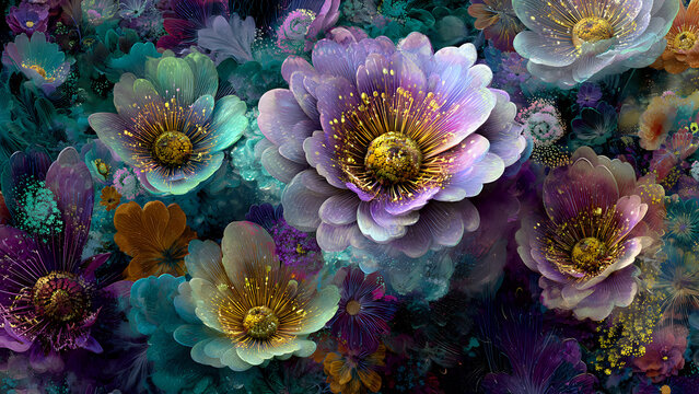 Enchanting and ethereal floral fantasy art with vibrant, glowing blossoms and intricate details, perfect for nature and art lovers
