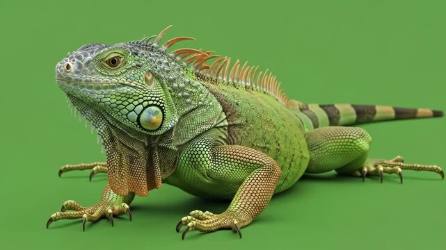A detailed close up portrait of a green iguana against a solid green backdrop