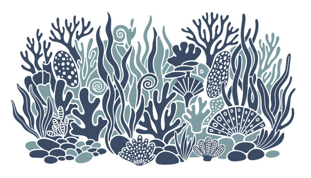 Underwater coral reef drawing with sea plants, kelp, and sponges in blue tones represents ocean biodiversity and marine ecosystem.