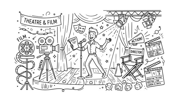Hand drawn theatre and film production doodle illustration with actor on stage, camera, and movie equipment.
