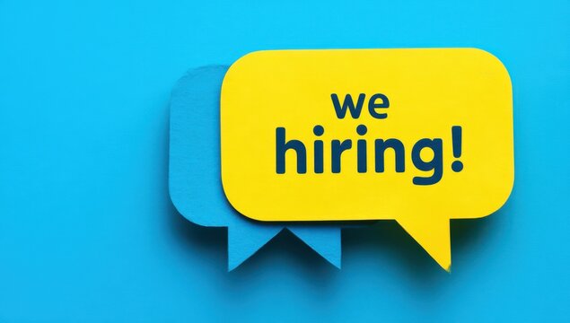 Yellow and blue speech bubbles with we hiring text on blue background recruitment employment business opportunity staffing communication recruiting resources corporate professional