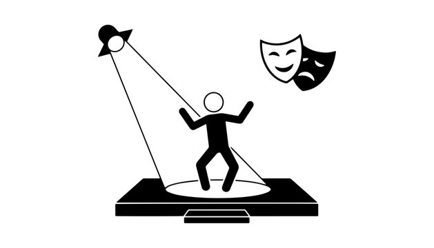 Actor performing on stage under spotlight with theater masks vector illustration for drama and entertainment