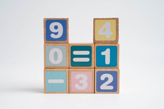 Number wood block cubes for learning Mathematic, education math.