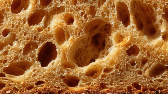 Extreme macro texture of artisan naturally fermented sourdough bread crumb with irregular airy holes and golden moist structure, warm natural light