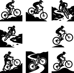 Obraz premium Collection of nine mountain biking silhouette illustrations showcasing different trail riding techniques and action poses isolated on a simple transparent background.