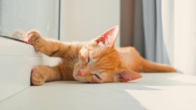 An orange cat is resting quietly on a windowsill, enjoying the warm sunlight coming through the window. The cat appears relaxed as it stretches out its paws while napping peacefully