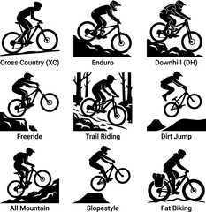 Obraz premium Mountain biking discipline labels with silhouette icons for cross country enduro downhill freeride trail riding dirt jump all mountain slopestyle and fat biking.