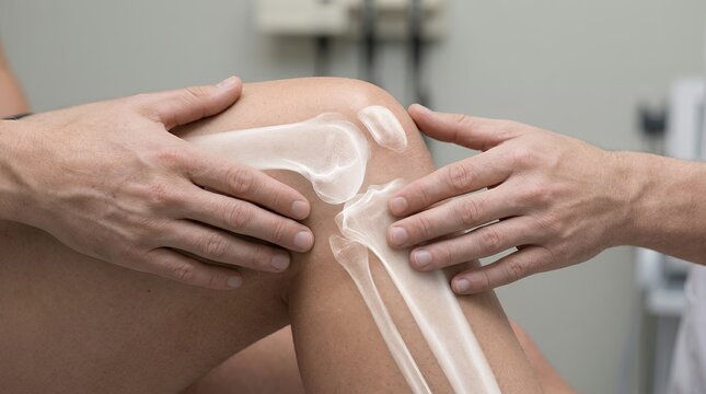 Knee joint anatomy with x-ray bone overlay, orthopedic doctor examining patient leg injury, medical diagnostic visualization of human skeletal structure