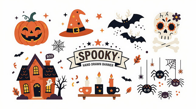 Spooky halloween sticker illustration collection with haunted house and pumpkins