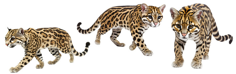 Obraz premium Set of three wild ocelot cats walking in different poses isolated on a transparent background