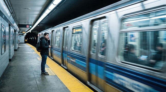 Blue subway train passing empty platform