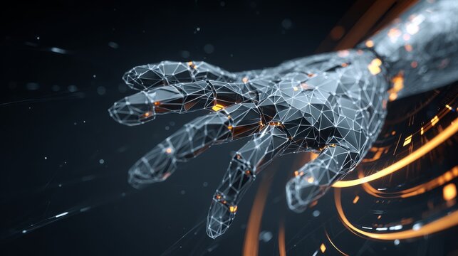 stylized 3D robo hand made of geometric shapes and polygon mesh, set against dark hi-tech background with animated light rings