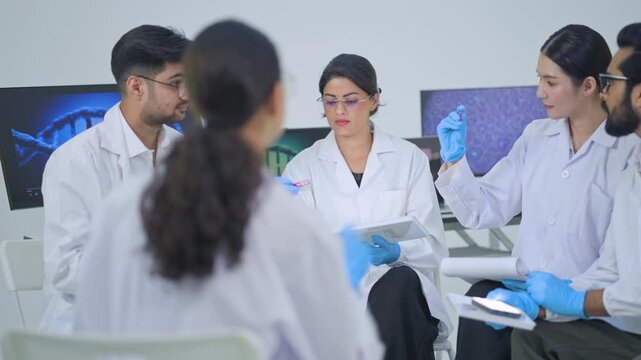 Scientists in lab coats sitting in circle while woman in glasses inspects specimen over tablet, DNA images on screens, team discussion.
