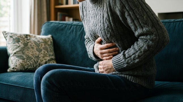 Stomach ache and abdominal pain, person holding belly in discomfort on sofa, digestive health and medical concept, woman suffering from cramps
