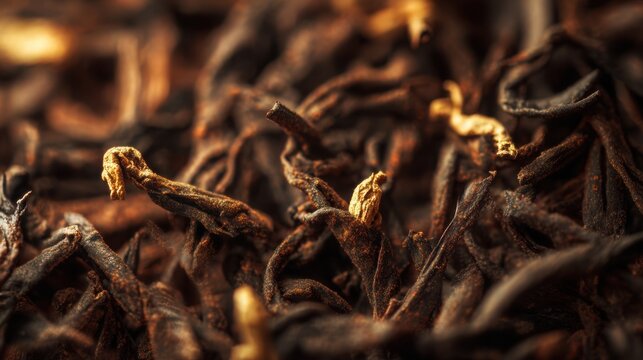 Extreme macro texture of premium aged shu pu erh loose tea leaves, rich dark brown twisted leaves with subtle golden buds, ultra detailed natural