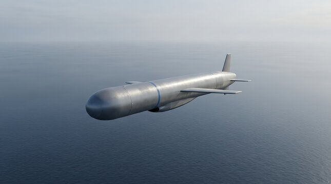 Modern missile soaring over open ocean waters with sleek aerodynamic design and high-speed precision